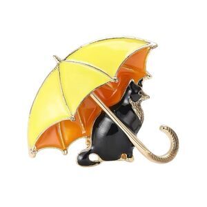 BLACK‎ CAT WITH YELLOW UMBRELLA BROOCH